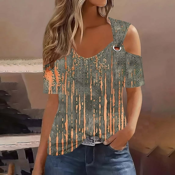 Fengqque 2025 Women's Off-Shoulder Cutout Short Sleeve Printed Casual Top