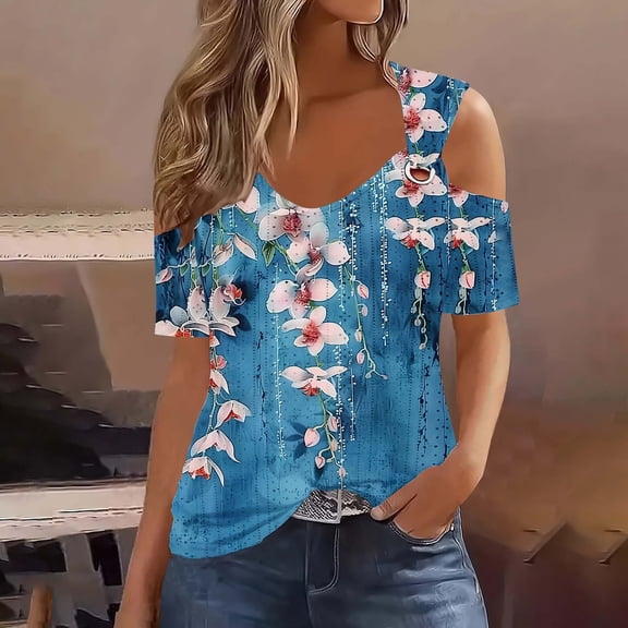 Fengqque 2025 Women's Off-Shoulder Cutout Short Sleeve Printed Casual Top