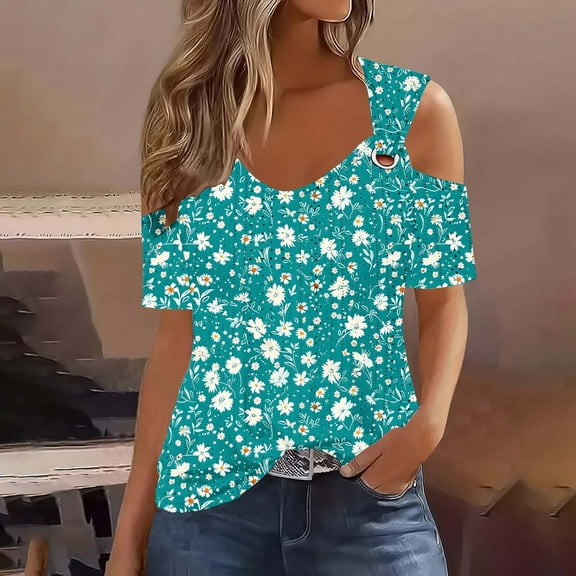 Fengqque 2025 Women's Off-Shoulder Cutout Short Sleeve Printed Casual Top