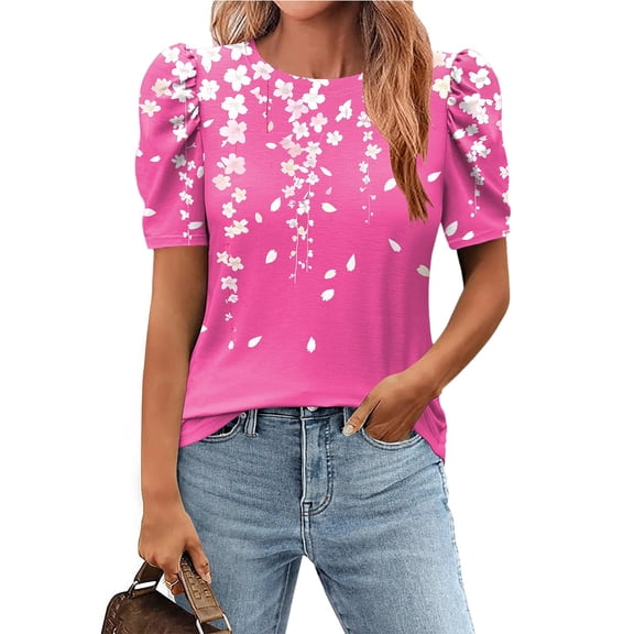 Fengqque 2025 Women's Printed Round Neck Short Sleeve Loose Fit T-Shirt