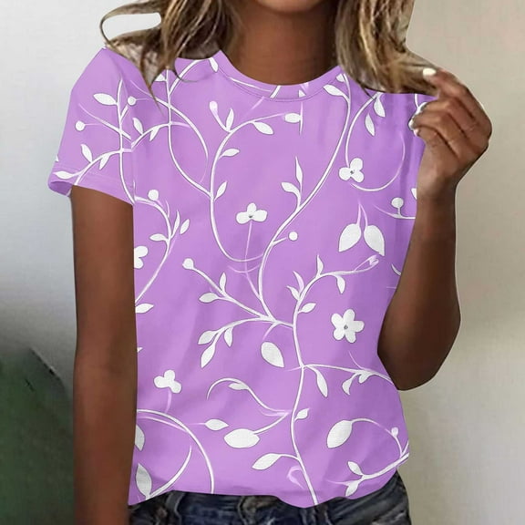 Fengqque 2025 Women's Retro Casual Print Round Neck Short Sleeve T-Shirt