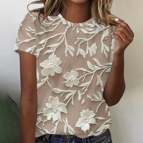 Fengqque 2025 Women's Retro Casual Print Round Neck Short Sleeve T-Shirt