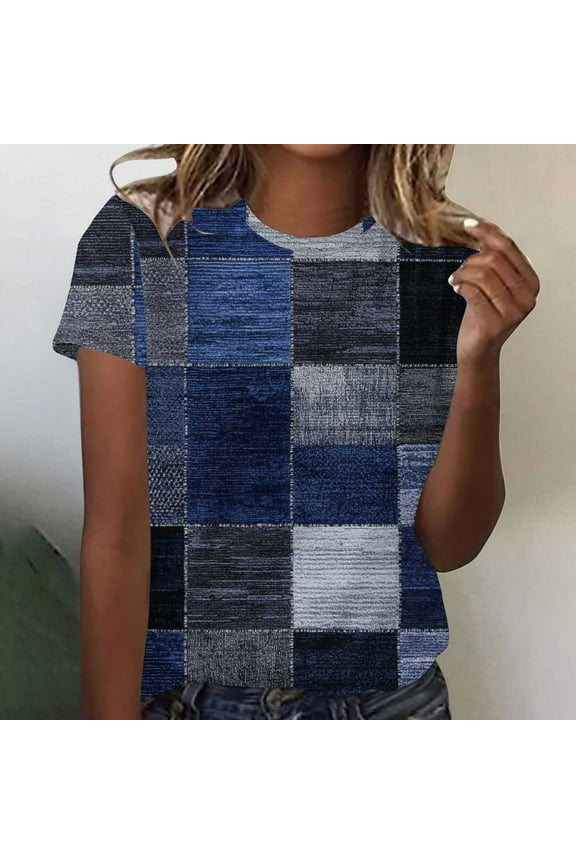 2025 Women's Retro Checkered Print Round Neck Short Sleeve T-Shirt