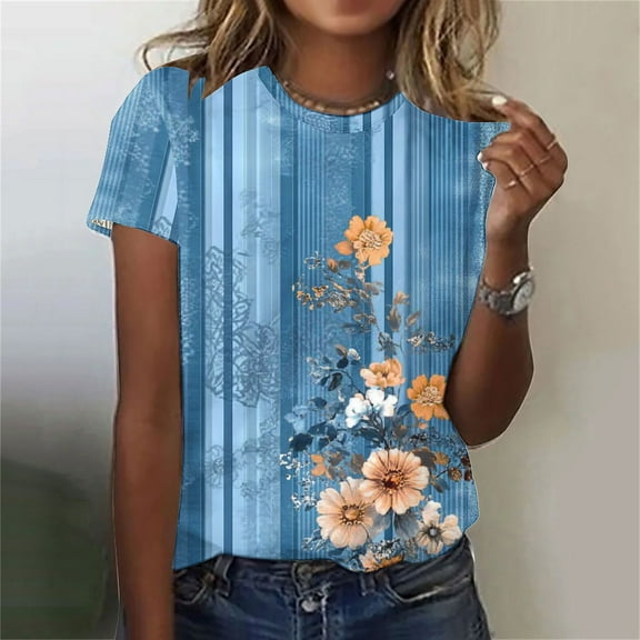 Fengqque 2025 Women's Retro Printed Crew Neck Short Sleeve Pullover T-Shirt