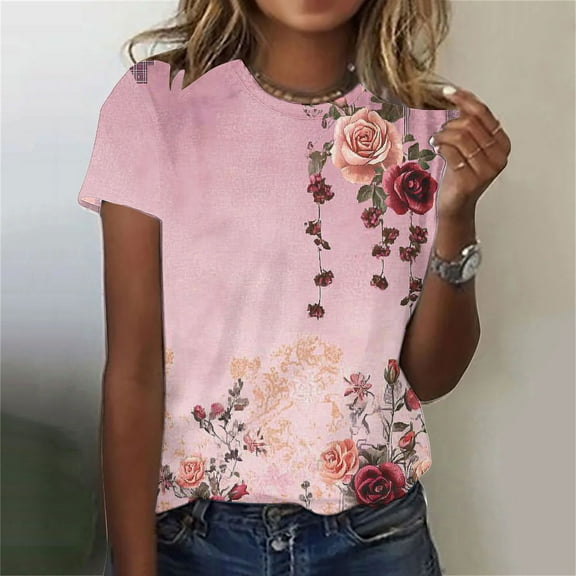 Fengqque 2025 Women's Retro Printed Crew Neck Short Sleeve Pullover T-Shirt