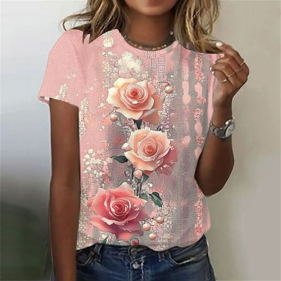 Fengqque 2025 Women's Retro Printed Crew Neck Short Sleeve Pullover T-Shirt