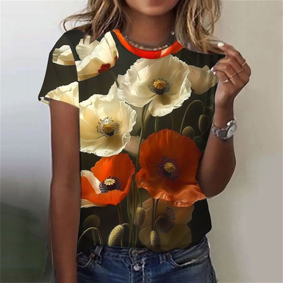 Fengqque 2025 Women's Sexy Summer Printed Round Neck Regular Fit Top