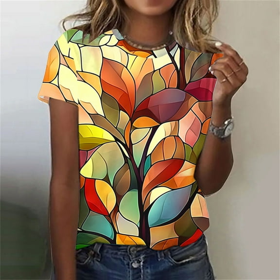 Fengqque 2025 Women's Sexy Summer Printed Round Neck Regular Fit Top