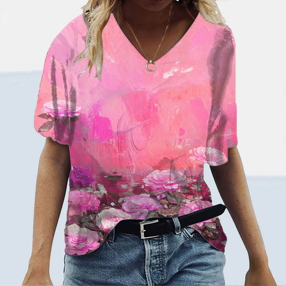 Fengqque 2025 Women's Summer Printed V-Neck Loose Fit Casual T-Shirt