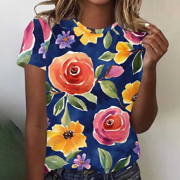 Fengqque 2025 Women's Vacation Style Floral Print Round Neck Short Sleeve T-Shirt