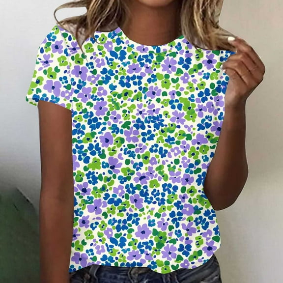 Fengqque 2025 Women's Vacation Style Floral Print Round Neck Short Sleeve T-Shirt