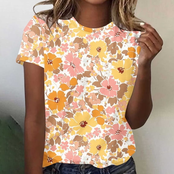 Fengqque 2025 Women's Vacation Style Floral Print Round Neck Short Sleeve T-Shirt
