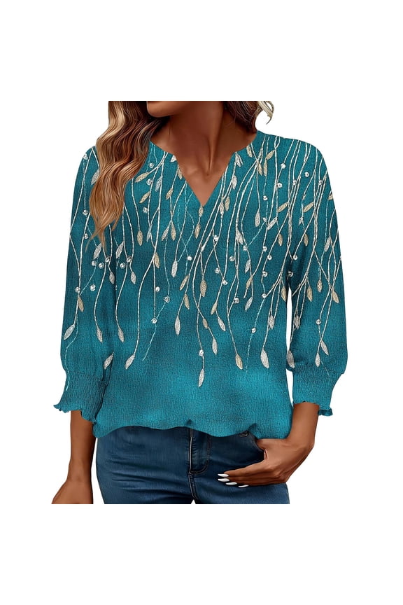3/4 Sleeve V Neck Tops for Women Smocked Cuffs Womens Tops Summer Blouses Shirts Light Blue-A XL(XL)