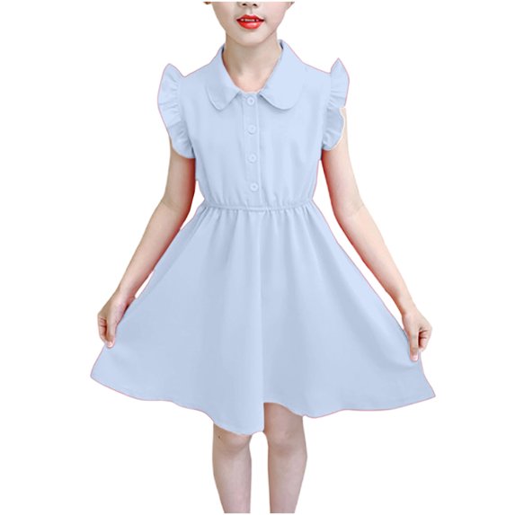 Fengqque 8-16 Year Girls' Fashion Dress - Solid Color, Flying & Short Sleeves, Button Detail, Collar, Trendy for Events