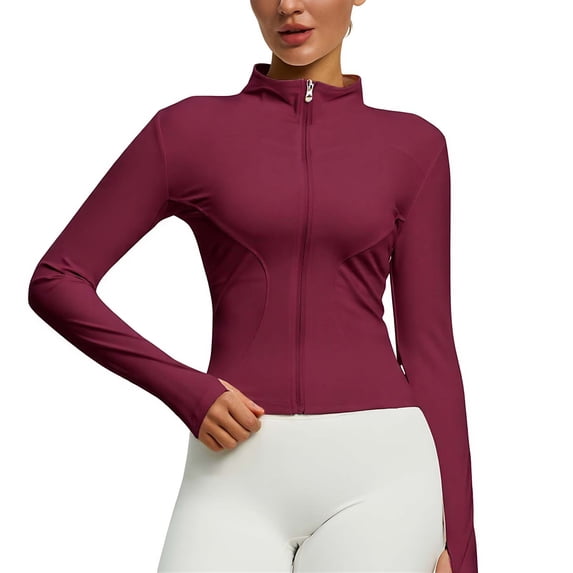 Fengqque Athletic Tops for Women,Workout Jackets for Women Full Zip Up Cropped Athletic Long Sleeve Lightweight Slim Fit Running Tops with Pockets Red L(L)