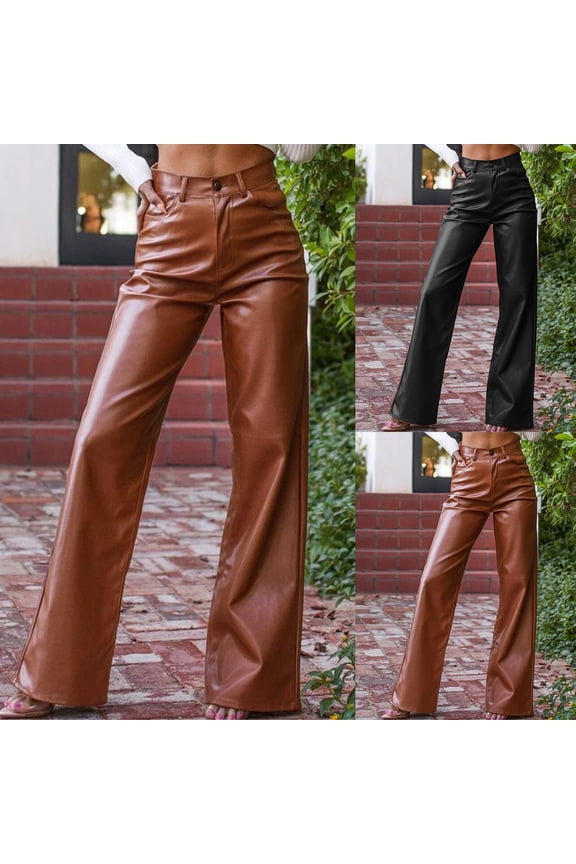 Black Faux Leather Pants for Women High Waisted Flare Cargo Pants Y2k Straight Wide Leg Pleather Pants with Pockets Brown 10(XL)