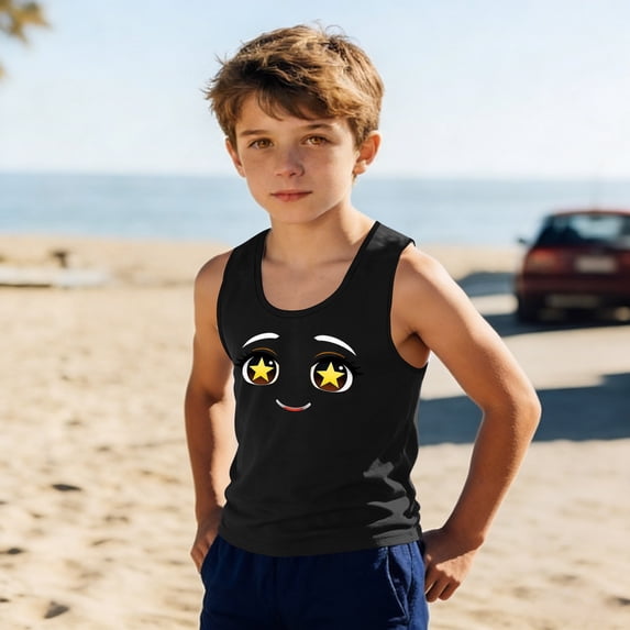Fengqque Boy and Girl Sleeveless Tank Top Crew Neck Wide Shoulder Straps Cute Smiling Cartoon Face Print Top Black-C 6-7 Years