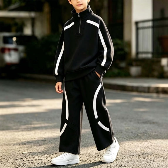 Fengqque Boy's Active Tracksuits Sets Full Zip Long Sleeve Sports Jogging Suits Athletic Running 2 Piece Sweatsuits Black 14-15 Years