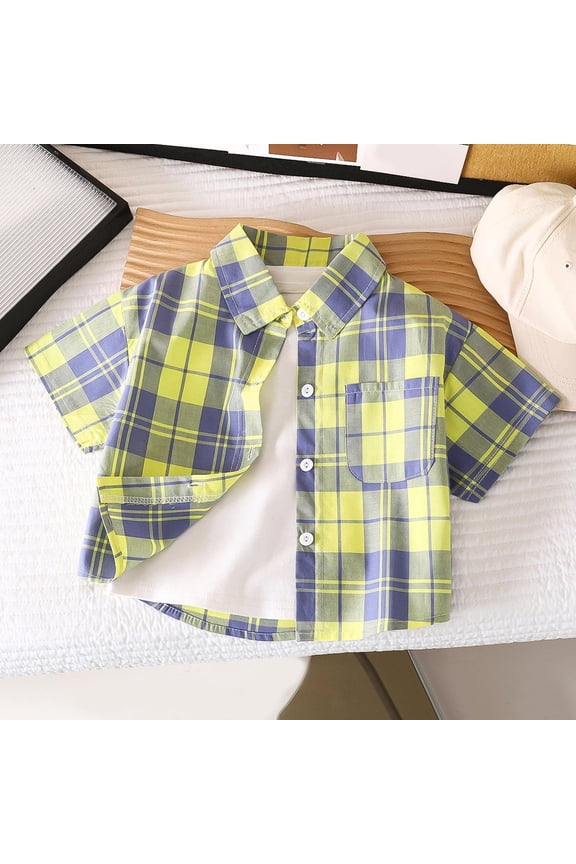 Boys Cotton Shirts Plaid Button Down Lapel Shirt Casual Short Sleeve Summer Shirts with Pocket 6-11 Years Old Yellow-F 1 Years