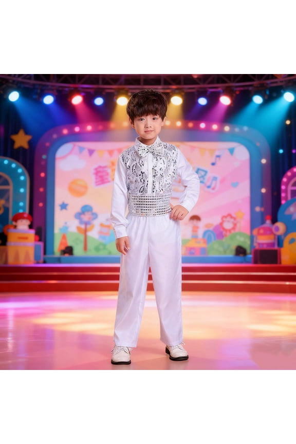 Boys Slim Fit Long Sleeves Lapel Suits 2 Pieces Sequin Shiny Dance Performance Suit Set 3-18 Years Old White 10-11Years