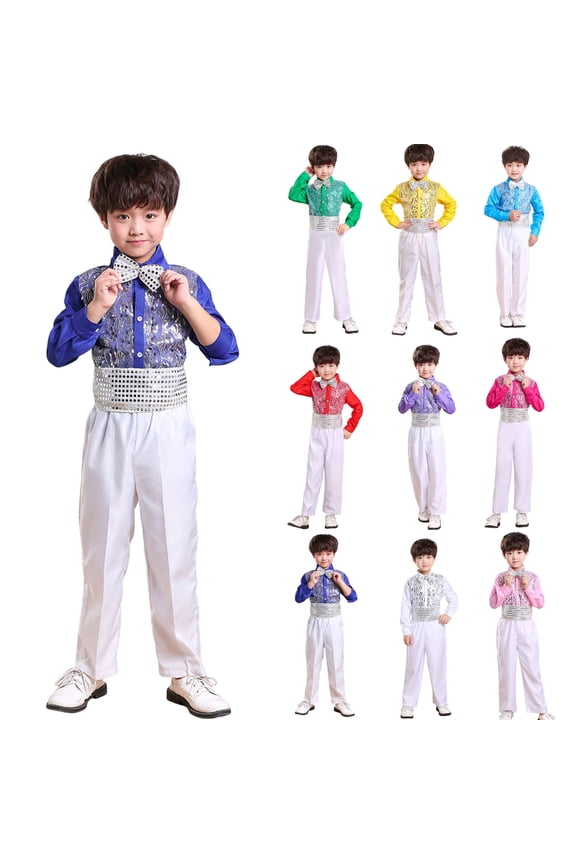 Boys Slim Fit Long Sleeves Lapel Suits 2 Pieces Sequin Shiny Dance Performance Suit Set 3-18 Years Old Yellow 16-17Years