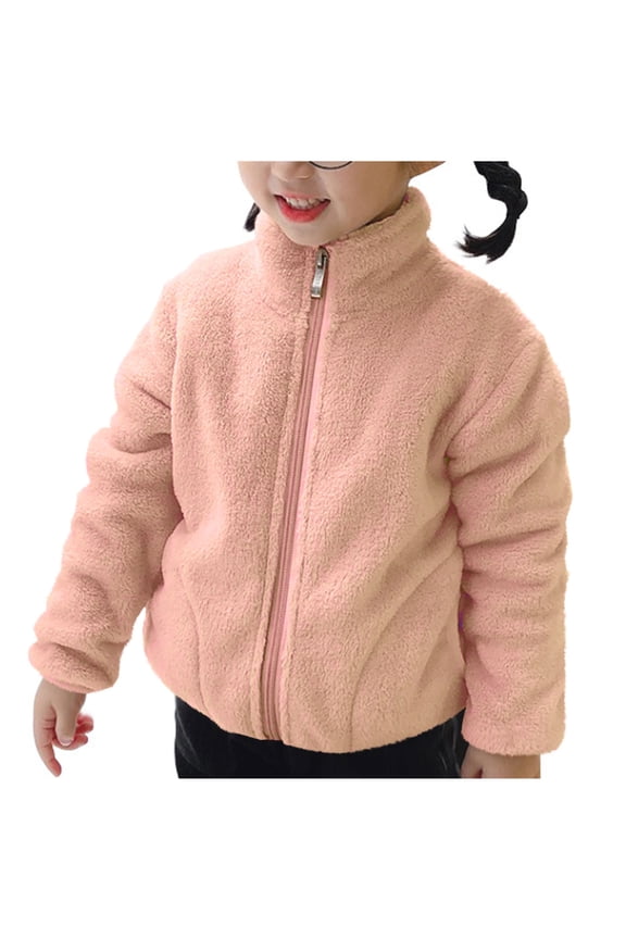 Boys and Girls Coral Fleece Long Sleeved Stand Collar Zipper Warm Plush Loose Jacket 2-11 Years Old Pink 4-5Years