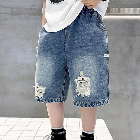 Fengqque Boys and Girls Jeans Shorts Ripped Denim Bermuda Elastic Waist Summer Shorts with Pockets 6-14 Years Old Light Blue 13 Years