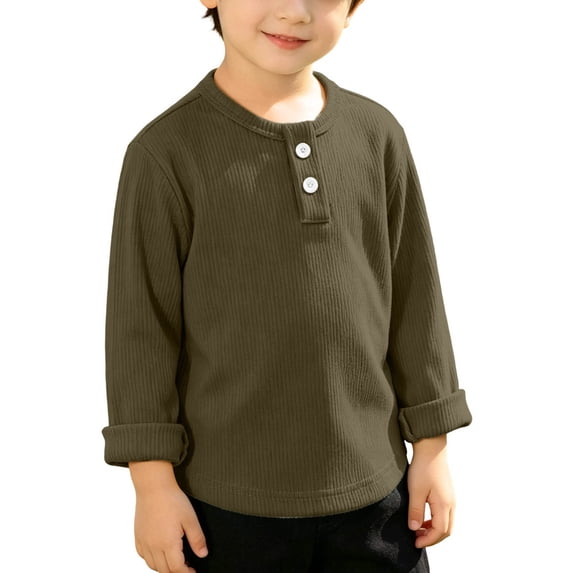 Fengqque Boys and Girls Long Sleeve Henley Ribbed Knit Shirts Button Down Slim Fit Tops Round Neck Blouses Army Green 18-24 Months