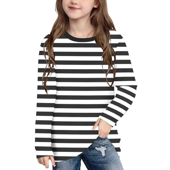 Fengqque Boys and Girls Long Sleeve Tee Tops Striped Print Crew Neck T-Shirt Casual Blouse 3-14 Years Black 4-5 Years
