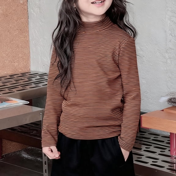 Fengqque Boys and Girls Long Sleeved Half High Collar Striped Print Loose Fitting Pullover Shirt 2-16 Years Old Coffee 4-5 Years