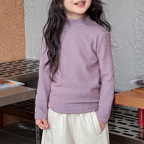 Fengqque Boys and Girls Long Sleeved Half High Collar Striped Print Loose Fitting Pullover Shirt 2-16 Years Old Purple 3-4 Years