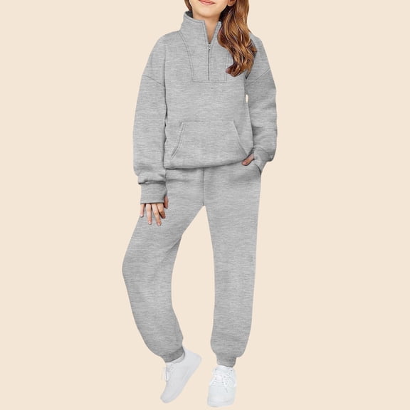 Fengqque Boys and Girls Long Sleeved Stand Collar Quarter Zipper Loose Pullover Tapered Pants Sportswear Two Piece Set 5-14 Years Gray 9 Years