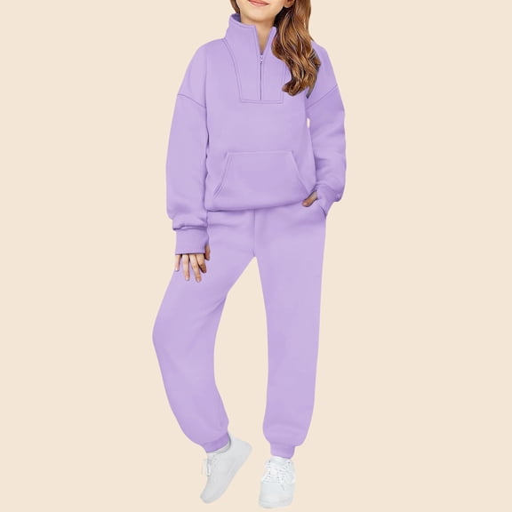 Fengqque Boys and Girls Long Sleeved Stand Collar Quarter Zipper Loose Pullover Tapered Pants Sportswear Two Piece Set 5-14 Years Purple 13 Years