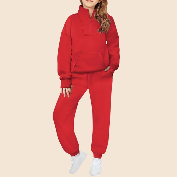 Fengqque Boys and Girls Long Sleeved Stand Collar Quarter Zipper Loose Pullover Tapered Pants Sportswear Two Piece Set 5-14 Years Red 13 Years