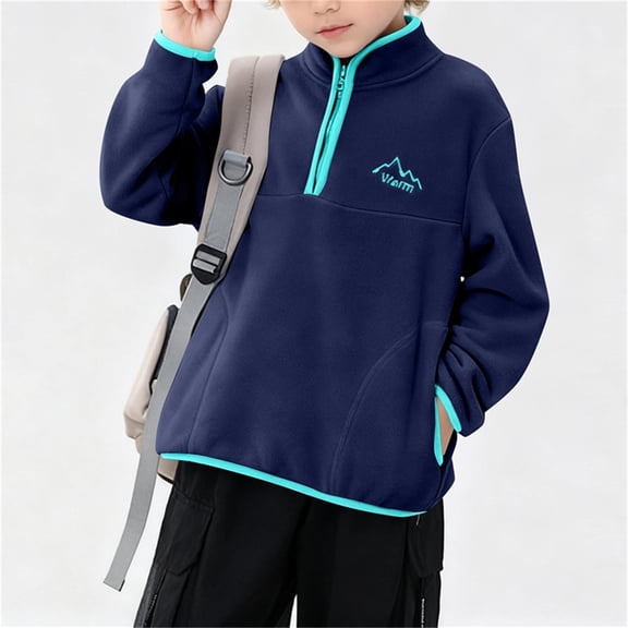 Fengqque Boys and Girls Polar Fleece Keep Warm Long Sleeved Stand Collar Quarter Zipper Pullover 4-15 Years Old Navy 4 Years
