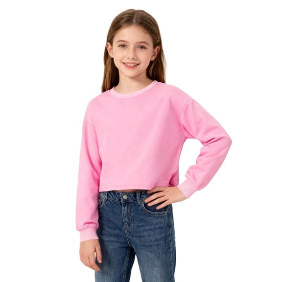 Fengqque Boys and Girls Solid Color Long Sleeved Round Neck Cotton Loose Fitting Pullover Shirt 3-15 Years Old Pink 13 Years