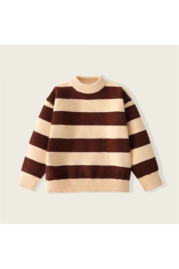 Boys and Girls Stripe Color Blocking Long Sleeved Round Neck Knitted Sweater Pullover 4-14 Years Old Coffee 9 Years