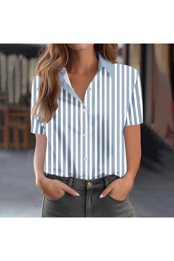 Button Down Shirt for Women Short Sleeve Lapel Striped Print Blouses Summer Vacation Tops Hawaii Shirts Blue-A XL(XL)