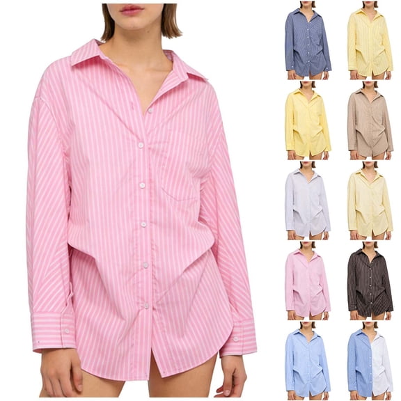 Fengqque Button Down Shirts for Women Stripe Lapel Long Sleeve Dress Blouses Casual Work office Tunics Tops Yellow XS(XS)