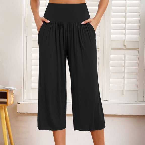 Fengqque Capri Pants for Women Wide Leg High Waisted Yoga Cropped Pants with Pockets Loose Casual Summer Pants Black M(M)