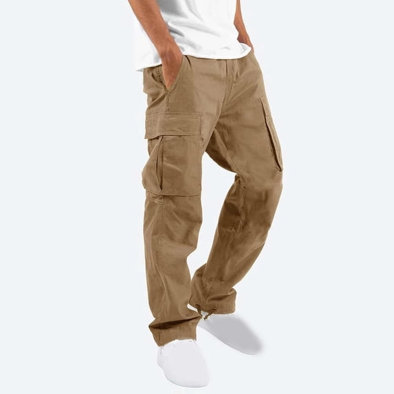 Fengqque Cargo Pants for Men,Mens Casual Straight Leg Stretch Cargo Pants Lightweight Relaxed Fit Drawstring Elastic Waist Pants with Multi Pockets Khaki 6(M)