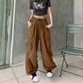 thumbnail image 1 of Fengqque Cargo Pants for Women Wide Leg Casual High Waist Baggy Elastic Drawstring Hiking Track Sweatpants Brown XXL, 1 of 9
