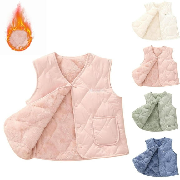 Fengqque Children's Cotton Sleeveless V-neck Pocket Vest Warm Button Jacket Casual Coat 1-12 Years Old White 1-2 Years