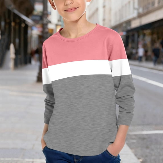 Fengqque Children's Fashion Casual Long Sleeved Round Neck Color Block Top Slim Fit Shirt 3-14 Years Old Pink 11 Years