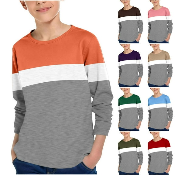 Fengqque Children's Fashion Casual Long Sleeved Round Neck Color Block Top Slim Fit Shirt 3-14 Years Old Red 13 Years