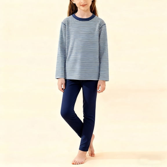 Fengqque Children's Long Sleeved Round Neck Striped Print Loose Top Long Pants Underwear Pajama Set Blue 9-10 Years