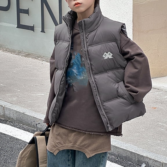 Fengqque Children's Sleeveless Stand Up Collar Printed Zipper Down Vest Pocket Warm Jacket 5-16 Years Old Gray 11-12 Years