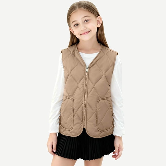 Fengqque Children's Sleeveless V-neck Thick Velvet Warm Vest Jacket Zipper Pocket Cotton Coat 3-14 years Old Khaki 11-12Years
