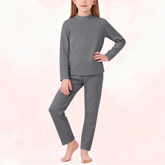 Fengqque Children's Solid Color Long Sleeved Semi High Neck Top Long Pants Warm German Velvet Pajama Set Gray 0 Years