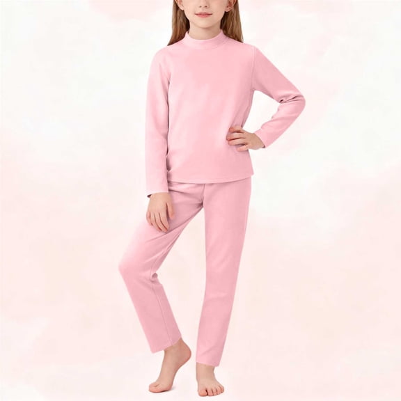 Fengqque Children's Solid Color Long Sleeved Semi High Neck Top Long Pants Warm German Velvet Pajama Set Pink 1 Years